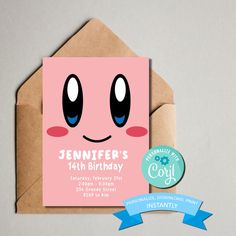 a pink birthday card with a cartoon face on it