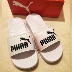 Puma Popcat 20 Slides Women's Never Worn, New With Tags! Super Comfy, Great For A Day At The Beach Or For Lounging At Home. *No Flaws Noted. Size: 7 Wmns Color: Puma White/ Puma Black On Logo See All Pictures For Item Description. Cute Puma Shorts, Puma Sandals, Fluffy Sliders, Puma Slides, Puma X Fenty, Glitter Slides, Puma Rihanna, Pink Pumas, Pink Slides