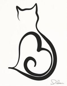 a black and white drawing of a cat's tail curled in the shape of a heart