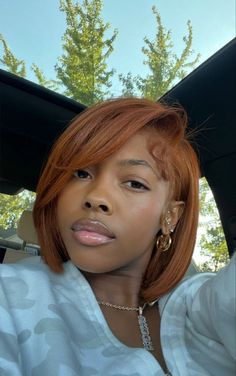 Shirt Bob Hairstyles For Black Women, Ginger Hair With Blonde Highlights Bob, Copper Hair Styles Black Women, Dyed Permed Hair, Valentines Hairstyles Black Women Natural Hair, Classy Attire For Black Women, Short Ginger Wig Black Women, Relaxed Dyed Hair, Ginger Bob Hair Black Women