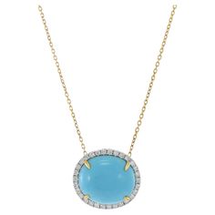 18KT yellow gold oval turquoise and diamond pendant necklace. A timeless piece of jewelry crafted from 18KT Yellow Gold, showcasing a stunning oval turquoise center embellished with 0.22ct-tw shining diamonds. Make every occasion special with this radiant and sophisticated necklace. Length 17 inches. Weight 3.8 grams. Modern Necklaces, Yellow Gold Pendants, Oval Pendant, Diamond Pendant Necklace, Natural Turquoise, Turquoise Gemstone, Round Cut Diamond, Modern Jewelry, Turquoise Stone