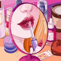 a woman's face is reflected in a mirror with makeup and cosmetics on the table