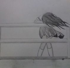 a drawing of a girl standing on a bridge