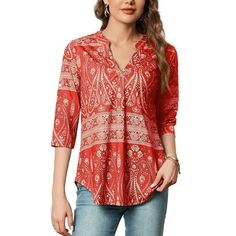 Step up your fashion game with this trendy Amoretu women's vneck paisley print blouse. Made from a soft and stretchy blend of 95% polyester and 5% spandex, this blouse is comfortable to wear and provides a flattering fit. Its 3/4 roll sleeves and curved hem add a touch of elegance, making it perfect for any occasion. Brand: Amoretu Product Name: Women's V Neck Tunic Top Style: Loose Blouse Shirt for Women Size: M, L, XL, 2XL, 3XL, 4XL Fabric: 95% Polyester, 5% Spandex Comfy and soft Neck: Split Fall V-neck Blouse With Paisley Print, Fall Paisley Print V-neck Blouse, Stretch V-neck Printed Blouse, Red Printed 3/4 Sleeve Top, Red Printed Top With 3/4 Sleeve, Red V-neck Blouse With Paisley Print, Casual Red Split Neck Top, Spring V-neck Paisley Print Tops, Patterned Blouse With 3/4 Sleeves