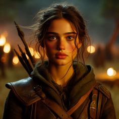 a young woman holding two arrows in her hands and looking at the camera with an evil look on her face