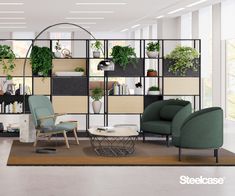 a living room filled with furniture and lots of plants on the shelves in front of it