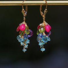 Semi Precious Gemstone Earrings Multi Gemstone Earrings Short Cluster Earrings Small Dangle Earrings Short Earrings Blue Zircon Earring Gold (24082 - 4)