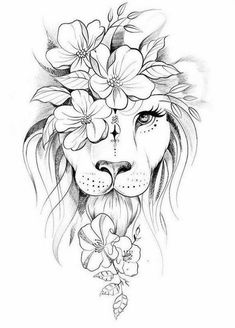 a drawing of a lion with flowers on its head