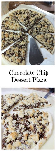 chocolate chip dessert pizza is cut into slices