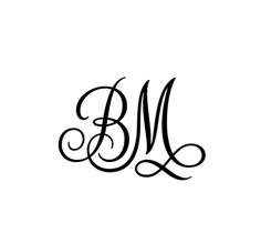 the letter bm is shown in black ink on a white background with an elegant design