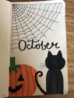 an open notebook with a drawing of a cat and a spiderweave on it