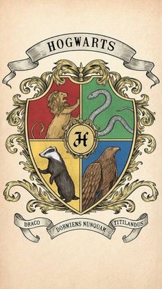 the hogwarts crest is shown with two animals and an animal on it's side