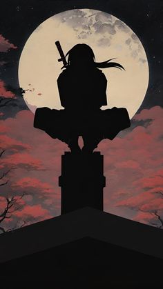 the silhouette of a person on top of a building in front of a full moon