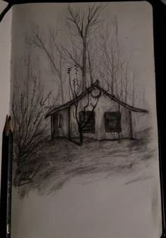 a drawing of a house in the woods