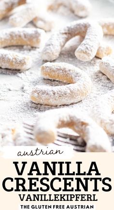 vanilla crescents with powdered sugar on top and the words australian vanilla crescents written below