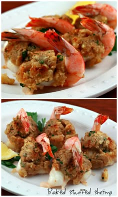 two plates with cooked shrimp and breaded stuffed shrimp