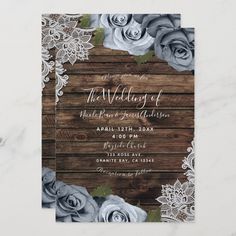 blue roses and lace on wood wedding card