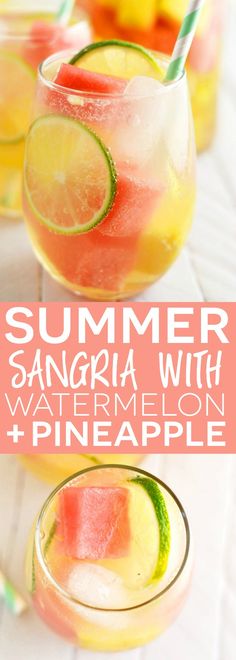 watermelon and pineapple sangria with text overlay that reads summer sangria with watermelon and pineapple