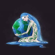 a drawing of a woman sitting on top of a body of water holding a green globe