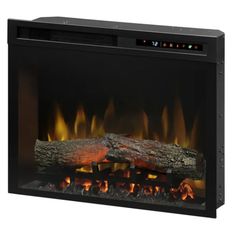 an electric fireplace with logs and flames