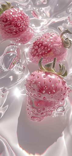 three pink strawberries floating in water on top of a white surface with bubbles around them