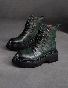 Autumn Winter Anti-slip Real Leather Lace-up Martin Boots — Obiono Green Ankle Lace-up Boots For Fall, Green Winter Martin Boots With Round Toe, Green Leather Martin Boots For Winter, Green Leather Martin Boots For Fall, Green Round Toe Martin Boots For Winter, Green Platform Boots For Fall, Green Leather Winter Boots, Green Platform Boots With Round Toe For Winter, High-top Green Combat Boots For Fall