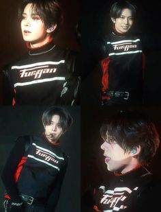 four different shots of the same person in black and red clothing, with their hands on their hips