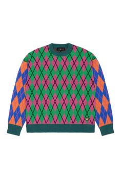 Argyle Block Sweater - Teddy Fresh Jacquard Knit Crew Neck Sweater For Streetwear, Streetwear Jacquard Knit Crew Neck Sweater, Winter Argyle Pattern Crew Neck Sweater, Casual Argyle Pattern Crew Neck Sweater, Green Crew Neck Polo Sweater, Multicolor Ribbed Collar Sweater For Fall, Retro Argyle Pattern Crew Neck Sweater, Retro Crew Neck Argyle Sweater, Retro Crew Neck Sweater With Argyle Pattern