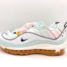 Brand New Nike Air Max 98 Womens Running Shoes Shoes Are Brand New Without The Box Size 8.5 Nike White Custom Sneakers With Air Cushioning, White Custom Sneakers With Air Max Cushioning Round Toe, Softball Shoes, Nike Golf Shoes, Nike Air Max White, Nike Air Max 98, Black And White Nikes, Air Max 98, Cute Nike Shoes