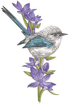 a blue and white bird sitting on top of purple flowers