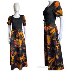 "Vintage maxi dress from the 1980s Made from Trevira fabric Shirred bodice  Short puff sleeves Tie belt Dramatic floral print on the skirt and sleeves Unlined Zips down the back Market size 40, measurements indicate it best fits a modern UK size 8-10 approximately, there is a bit of stretch in the fabric In excellent vintage condition  Measurements: Shoulder seam to shoulder seam 23.75\"/35cm Bust 32\"/81cm, will stretch by another inch  Waist 27\"/68.5cm Length 54.75\"/139cm More dresses: https Floral Print Maxi Dress With Square Neck For Evening, Square Neck Floral Print Maxi Dress For Evening, Evening Floral Print Maxi Dress With Square Neck, Vintage Floral Print Maxi Dress For Evening, Retro Floral Print Floor-length Maxi Dress, Fitted Vintage Print Maxi Dress, Fitted Maxi Dress With Vintage Print, Belt Tying, Vintage Maxi Dress