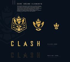 the logo for clash is shown in three different colors and styles, including gold on black