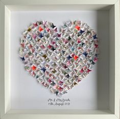 "Turn your wedding cards in to a beautiful keepsake and reminder of your day! 1\" butterflies are cut from your cards, assembled in to a heart shape and framed in a 35x35cm (aperture) white box frame. I choose only the best bits from your cards to create a truly personalised design. You can further personalise your frame with your names and / or wedding date if you wish! Choose from a black or white frame. Please send just the fronts of the cards unless you'd like the message book too. (See list What To Do With Wedding Cards, Wedding Card Keepsake Ideas, Wedding Additions, Wedding Keepsake Ideas, Wedding Card Keepsake, Wedding Cards Keepsake, Wedding Card Craft, Wedding Shadow Box, Wedding Wall Art