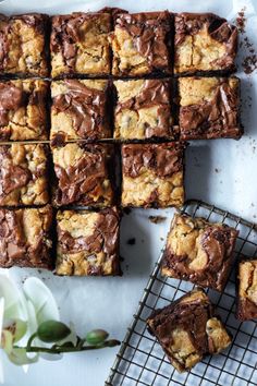 chocolate chip brownies cooling on a wire rack next to flowers and a white flower