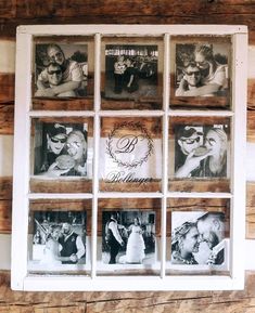 an old window is decorated with photos of people and their wedding date on the windowsill