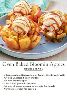 an image of baked apples with caramel drizzled on them and labeled ingredients