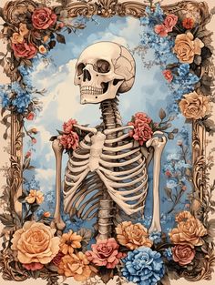 a painting of a skeleton with flowers around it