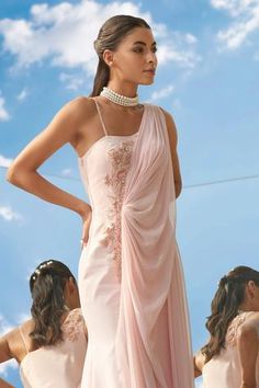 Shop for Mandira Wirk Peach Chiffon Embroidered Draped Gown for Women Online at Aza Fashions Mandira Wirk, Noodle Strap, Draped Gown, Drape Gowns, Gown For Women, Beadwork Embroidery, Embroidered Neckline, Gowns Online, Thigh High