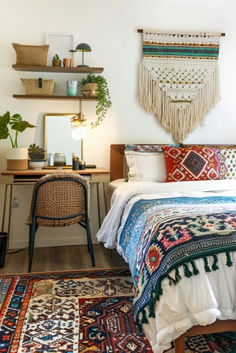 a bedroom with a bed, desk and rugs