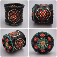 four pictures of different types of beaded bracelets with flowers and leaves on them