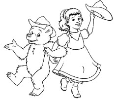 a girl and a bear are playing with a frisbee in the park coloring page