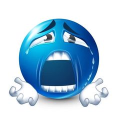 an emoticive blue smiley face with two hands on his chest and mouth open