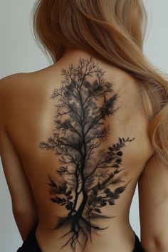 a woman's back with a tree tattoo on it