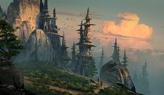 a fantasy landscape with mountains, trees and birds flying in the sky above it is a castle like structure