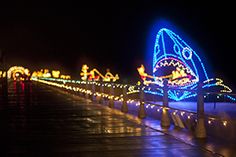 the lights are on and there is a long walkway with many different colored lights all over it