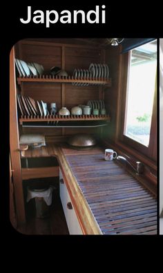 there are two pictures of the inside of a house with dishes and pans in it