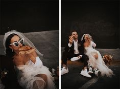 two pictures of a bride and groom eating pizza