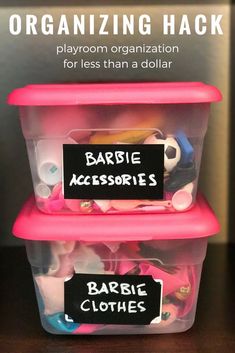 two plastic containers with labels on them that say, organizing hacks playroom organization for less than a dollar