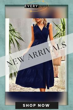 Navy Blue V Neck Sleeveless Tie Waist Midi Dress Spring Blue Sleeveless Solid Color Dress, Navy V-neck Midi Dress For Summer, Chic Navy Sleeveless Midi Dress, Casual Navy Sleeveless Dress For Spring, Navy Sleeveless Dress For Vacation, Navy Sleeveless Summer Dress, Blue V, Midi Dresses, Women Dresses