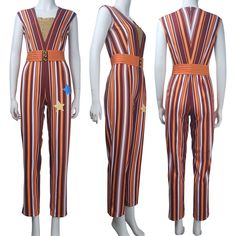 two mannequins dressed in orange and white striped jumpsuits with gold buttons